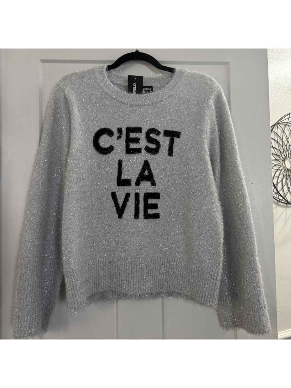NWT Karl Lagerfeld Silver Fuzzy Gray C'est La Vie Sweater Crewneck Metallic Sz M